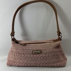 Frankie And Johnnie Purse Crochet Pink Bag With Brown Leather Handle Vintage